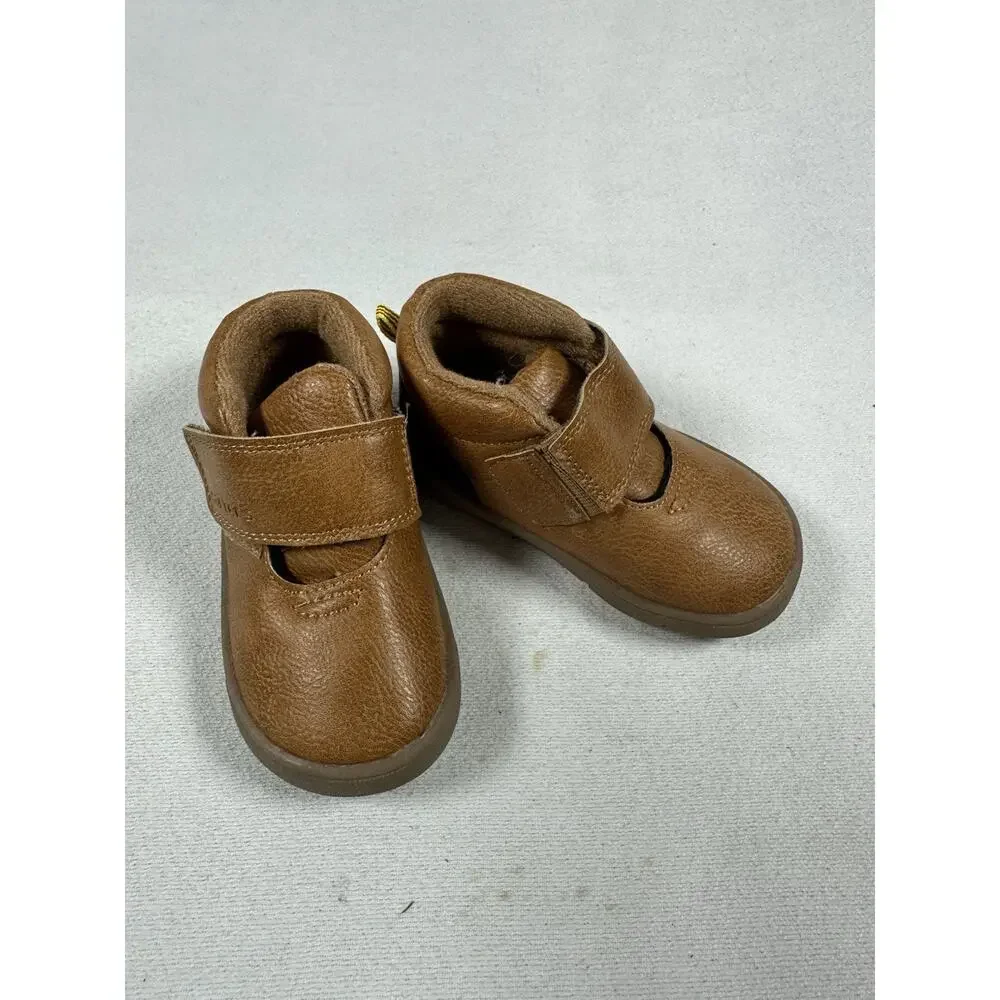 Carter's Brown Hook & Loop Strap Bootie Baby Shoes Faux Leather Rubber Sole sz4t